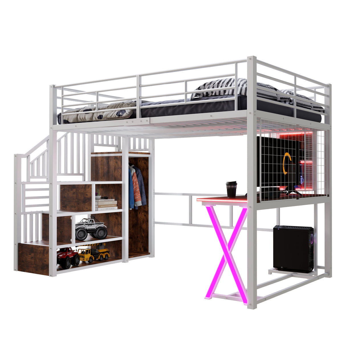 Loft Bed 140x200cm with Desk, Wardrobe & LED Lights, White