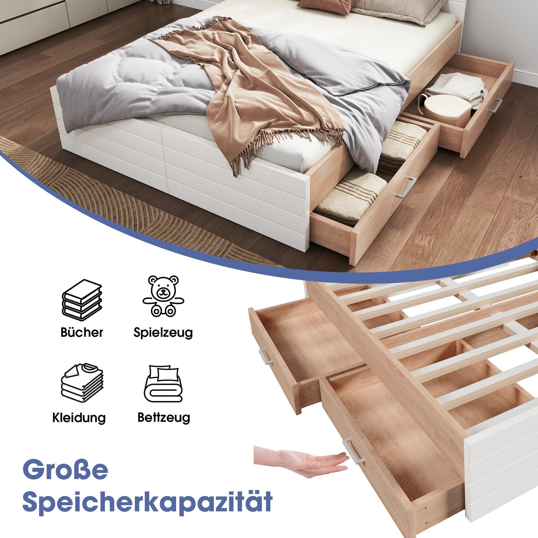 Double Bed 160x200cm, Modern Wooden Frame with 2 Drawers, Oak/White