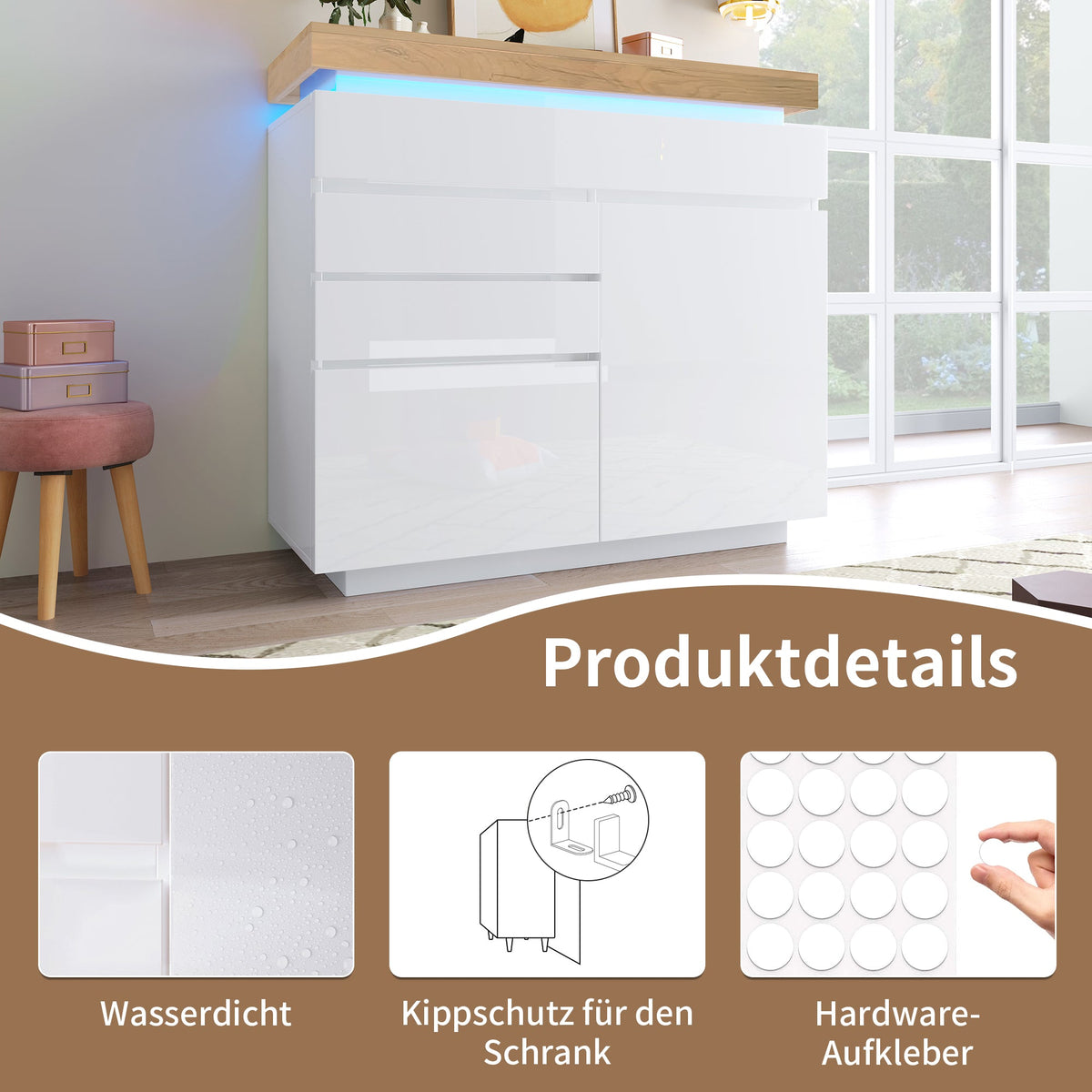 Chest of Drawers, High-Gloss Sideboard 2 Doors 3 Drawers, LED, White