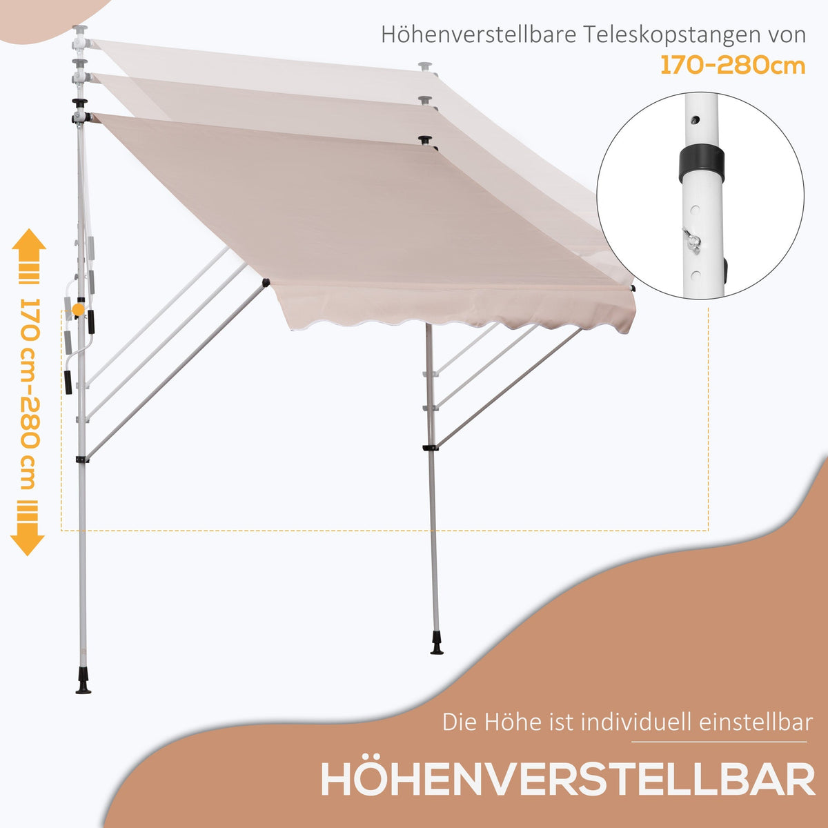 Articulated Arm Awning, Clamp, Height Adjustable 200x150cm, Cream White Aluminum