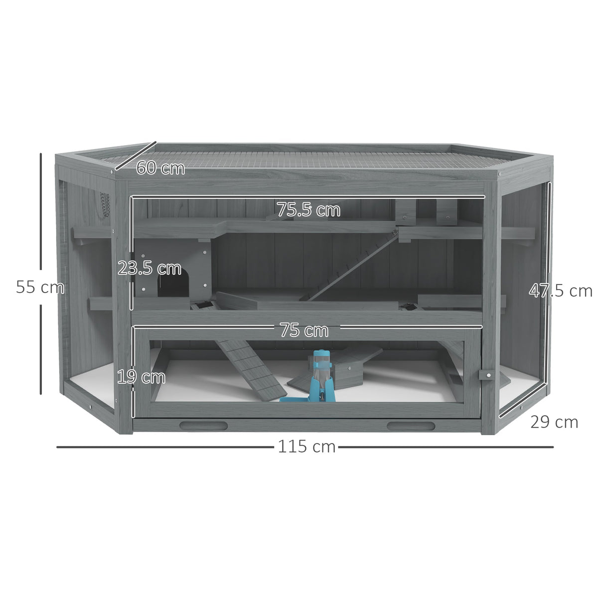 Rodent Cage, 3-Tier Hexagonal with Ramp, Wood Gray