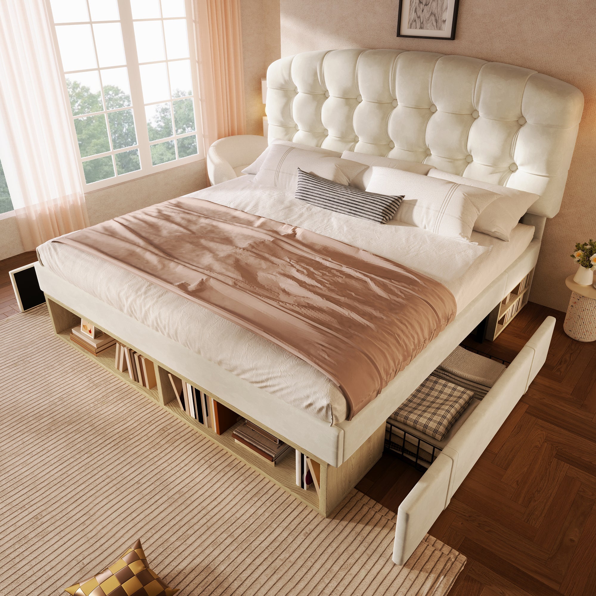 Double Bed with Storage Drawers and Adjustable Headboard, 140x190cm, Beige Velvet