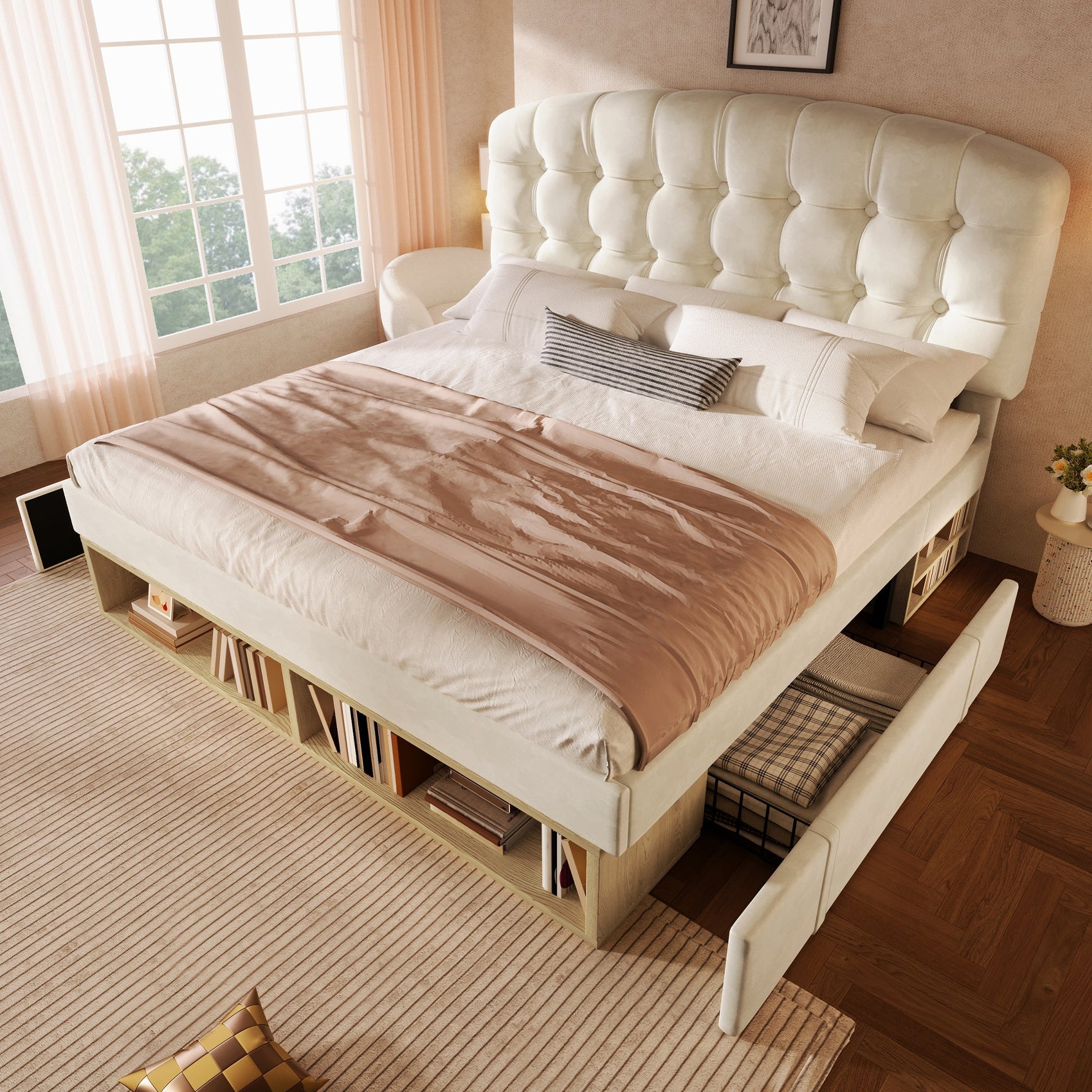 Double Bed with Storage Drawers and Adjustable Headboard, 140x190cm, Beige Velvet