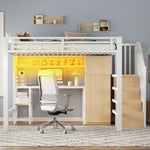 Metal Loft Bed with Desk, Shelf, Wardrobe and Storage Stairs, 140x200cm, White
