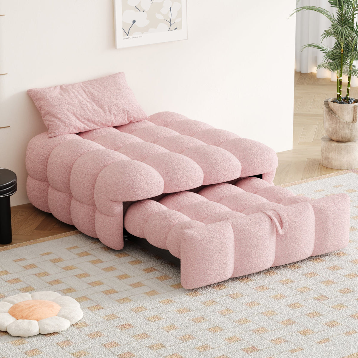 Upholstered Bed, 2-in-1 Footstool Pull-Out Sofa Single Puffy, Teddy Fabric Pink