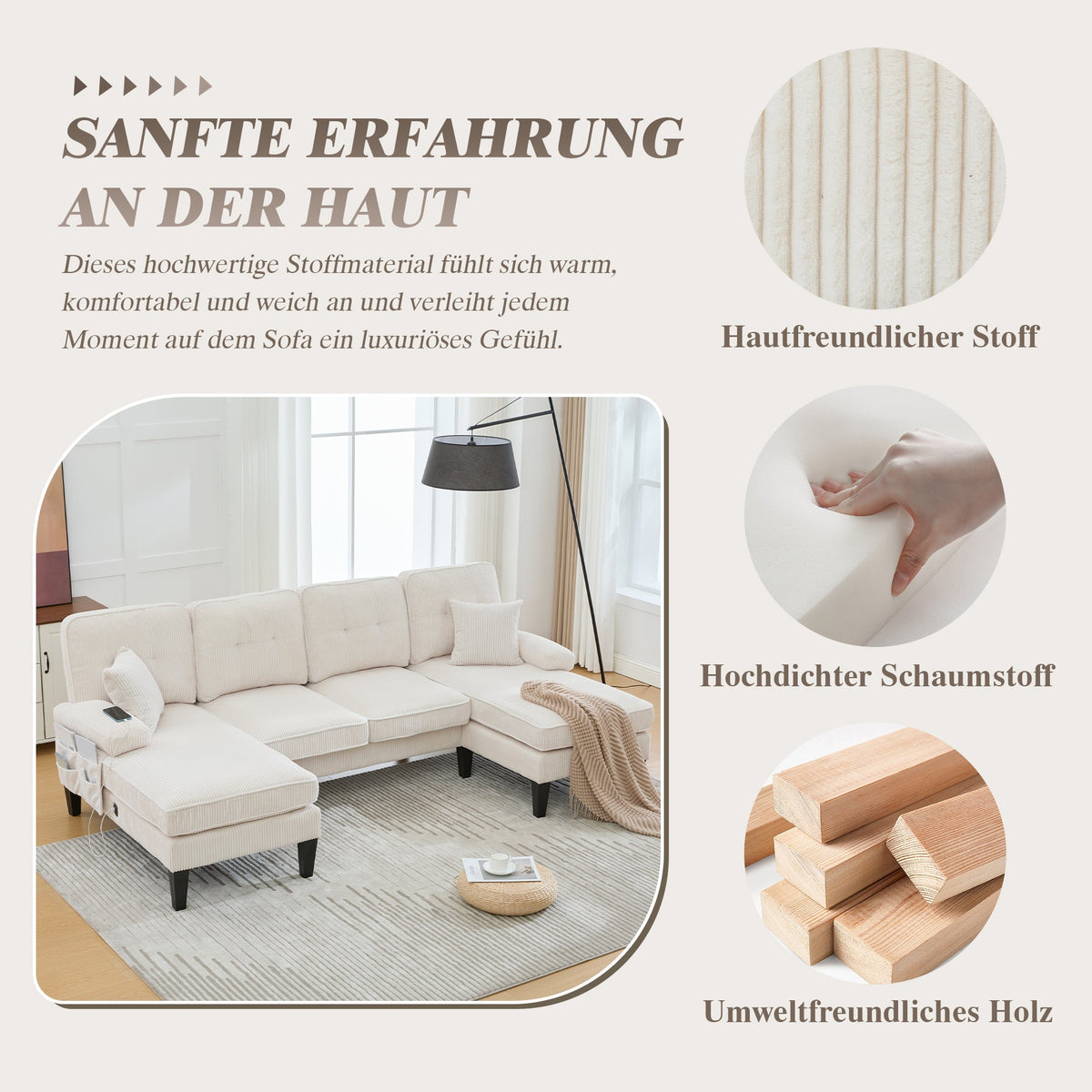 Modern 4-Seater U-Shaped Sofa with Double Chaise Lounge and Corduroy Upholstery, Beige