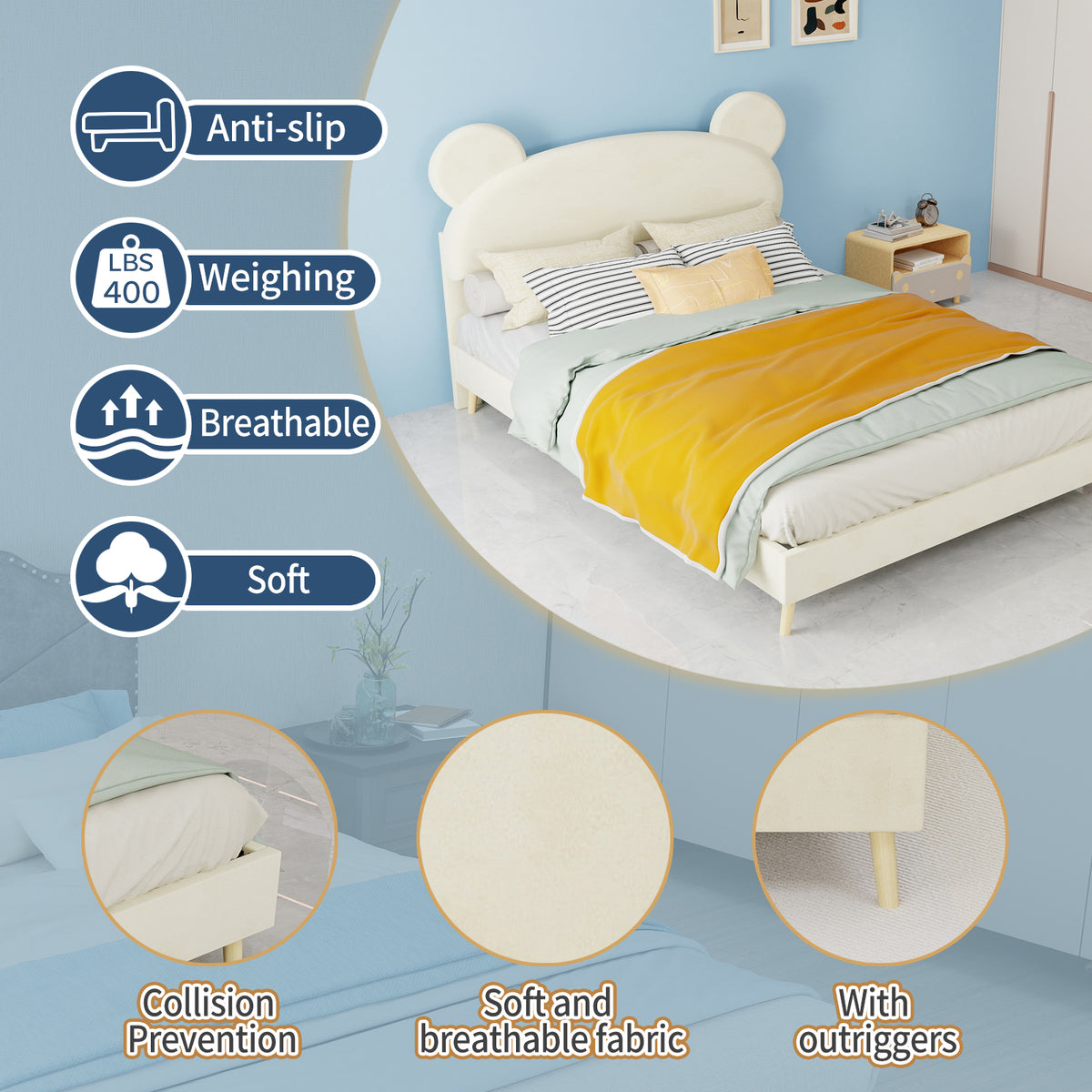 Modern Upholstered Bed 140x200cm with Mattress, Cartoon Design, Beige