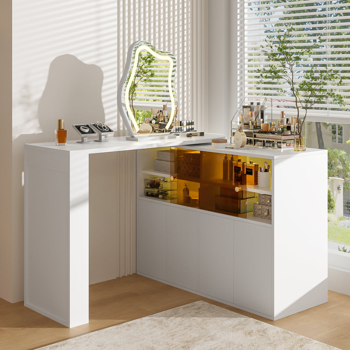 Rotating Vanity Table with LED Lighting & Storage, White