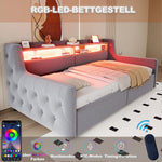 Upholstered Sofa Bed with Hydraulic Storage, LED, and Charging Port, 90x200cm, Light Grey