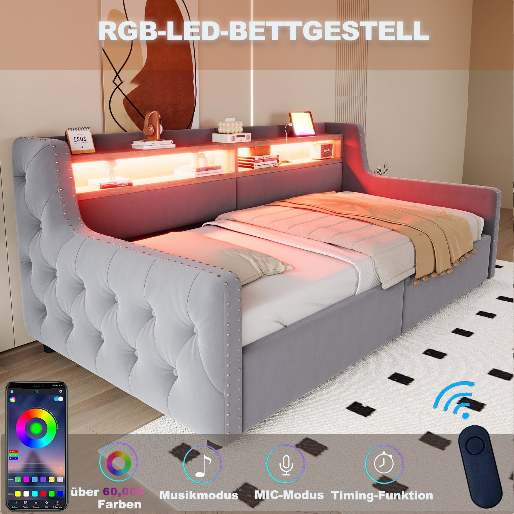 Upholstered Sofa Bed with Hydraulic Storage, LED, and Charging Port, 90x200cm, Light Grey