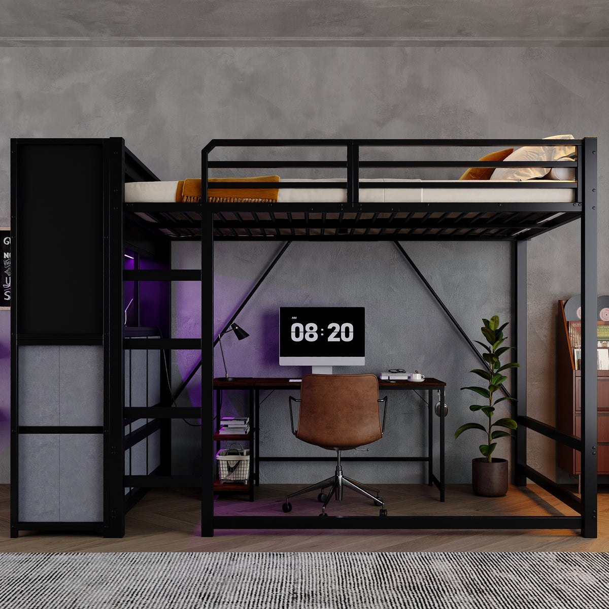 Loft Bed 120x200 cm with Storage & Charging, Black Metal