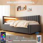 Upholstered Sofa Bed with LED Lighting and Hydraulic Storage, Velvet Beige/Gray