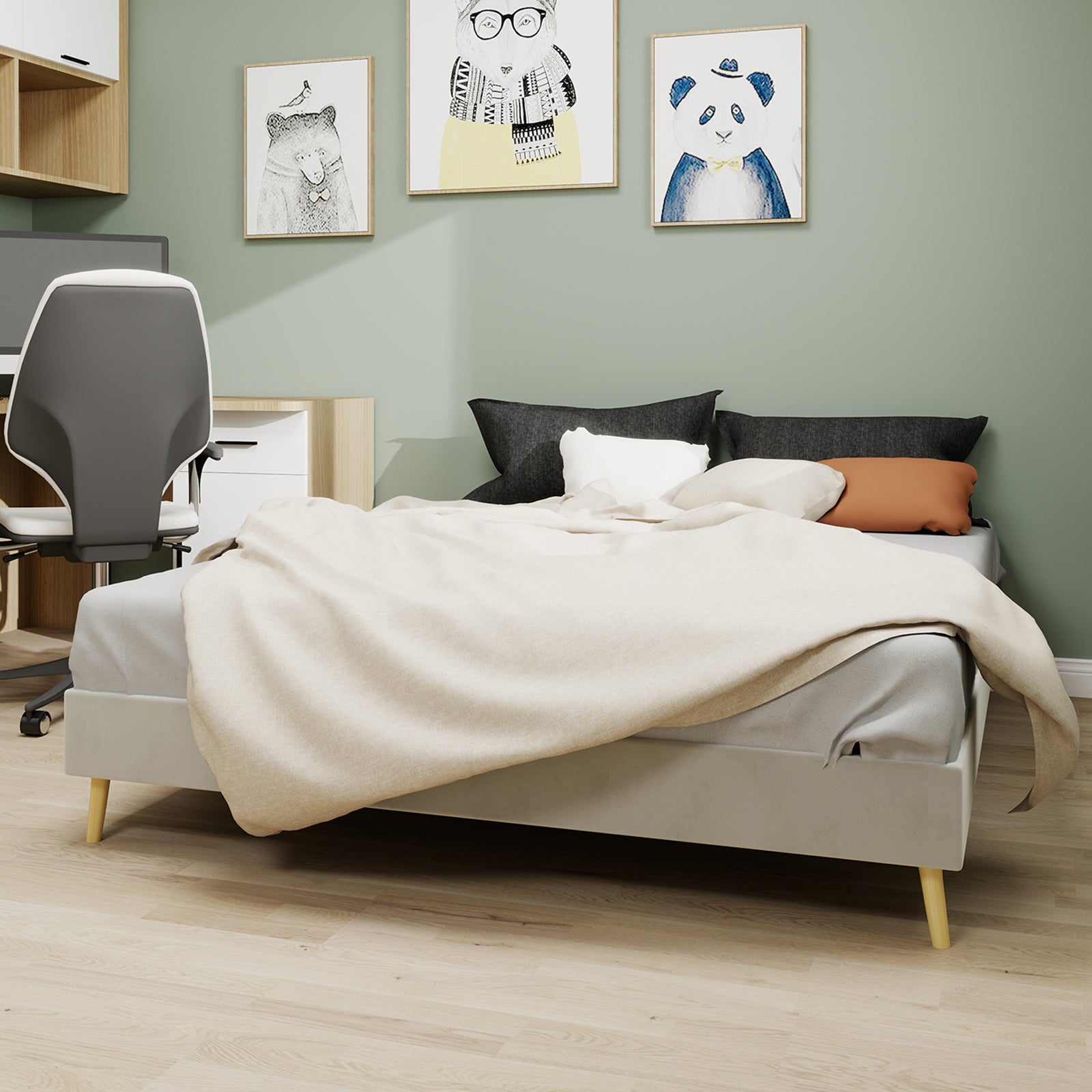 Modern Minimalist Bed Frame, Low-Profile 160x200 cm, Beige Dutch Velvet