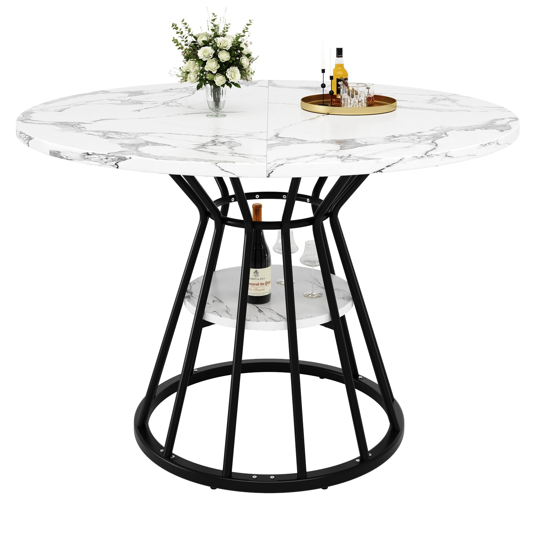 5-Piece Round Dining Table Set with 4 Velvet Chairs and Marble Top, Black