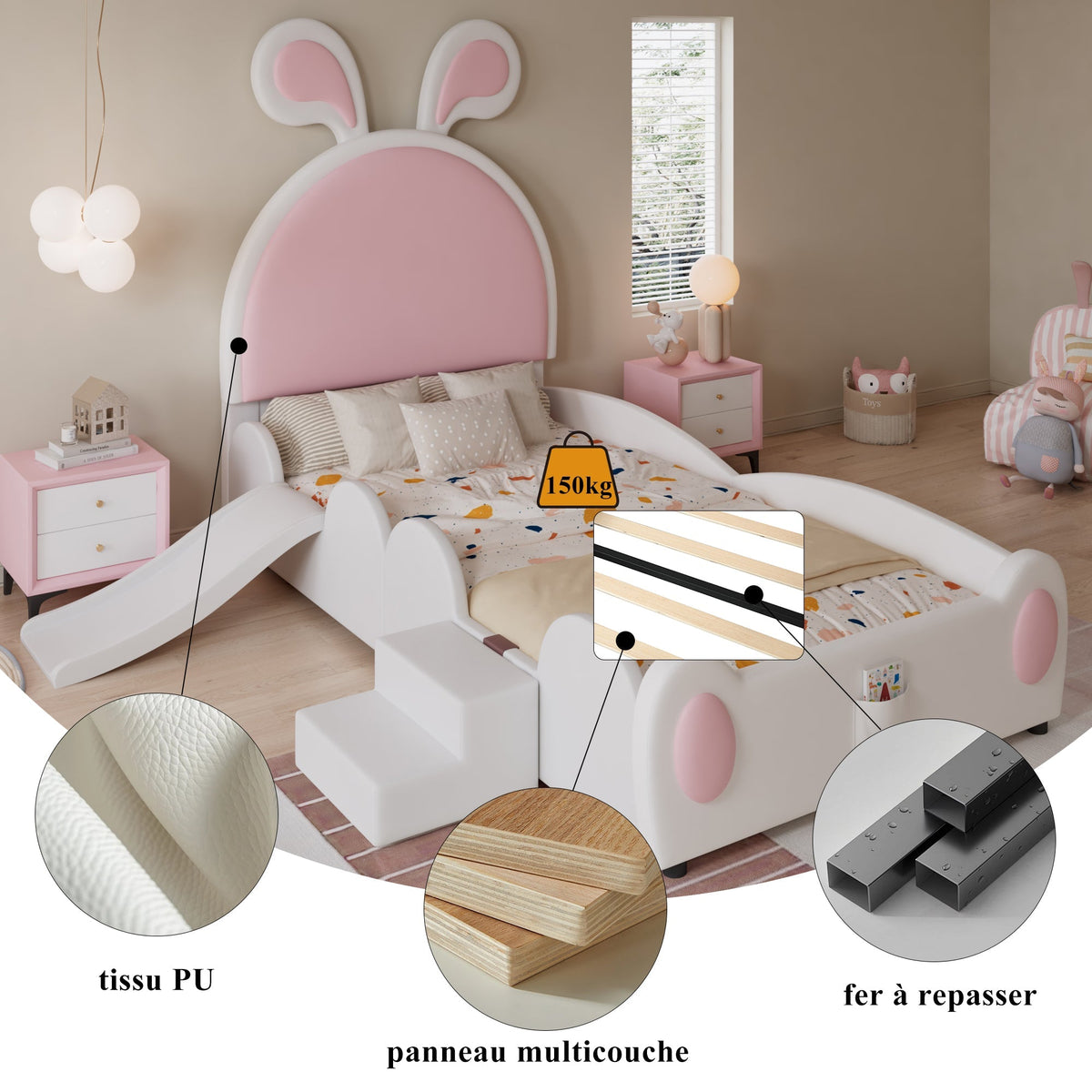 Upholstered Single Bed with Slide, Bunny Ears Headboard, 90x200cm, PU White/Pink