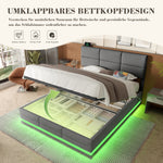 Velour Upholstered Bed, 140x200cm, Adjustable Headboard, USB/Type-C, LED Lighting, Hydraulic Lift, XXL Storage, Grey