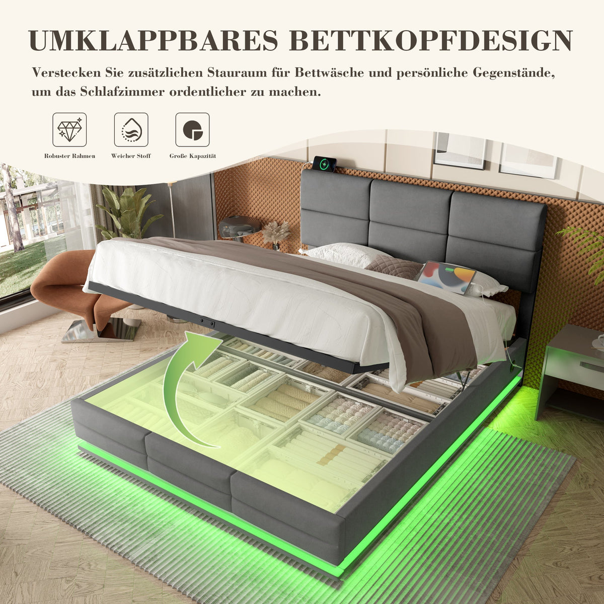 Velour Upholstered Bed, 140x200cm, Adjustable Headboard, USB/Type-C, LED Lighting, Hydraulic Lift, XXL Storage, Grey