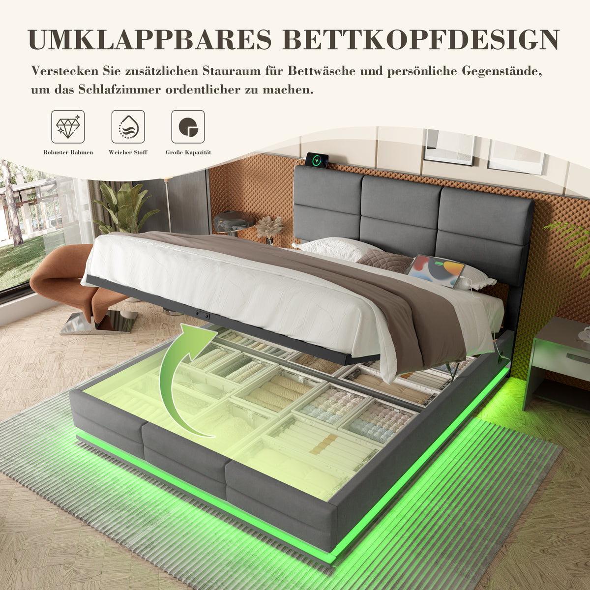 Upholstered Bed 180x200cm with Storage & LED, Grey Velour