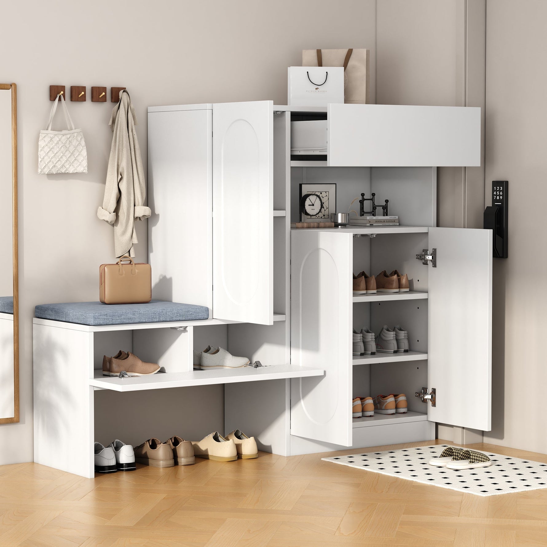 Trendy 2-in-1 Shoe Cabinet with Curved Doors, Soft-Close, Adjustable Compartments, Upholstered Bench, White