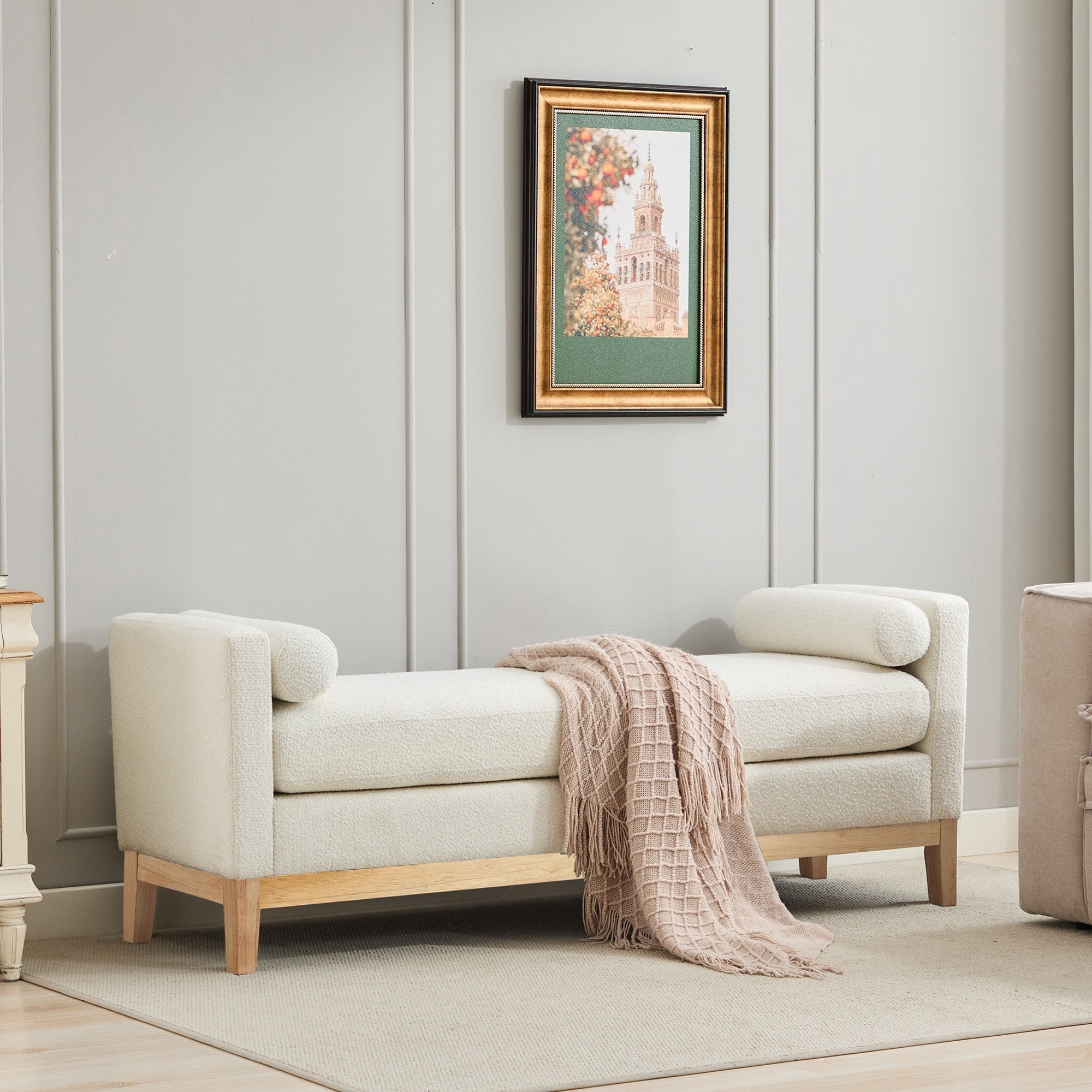 Elegant Upholstered Bench, Daybed Ottoman with Wood Legs and 2 Bolster Pillows, Ivory Boucle