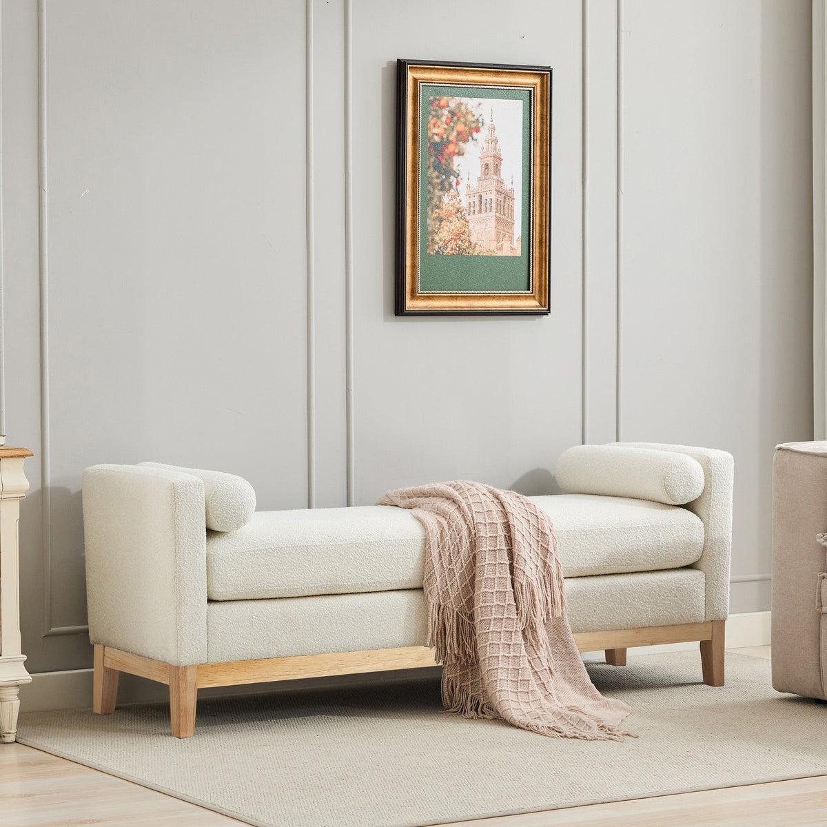 Elegant Upholstered Bench, Daybed Ottoman with Wood Legs and 2 Bolster Pillows, Ivory Boucle