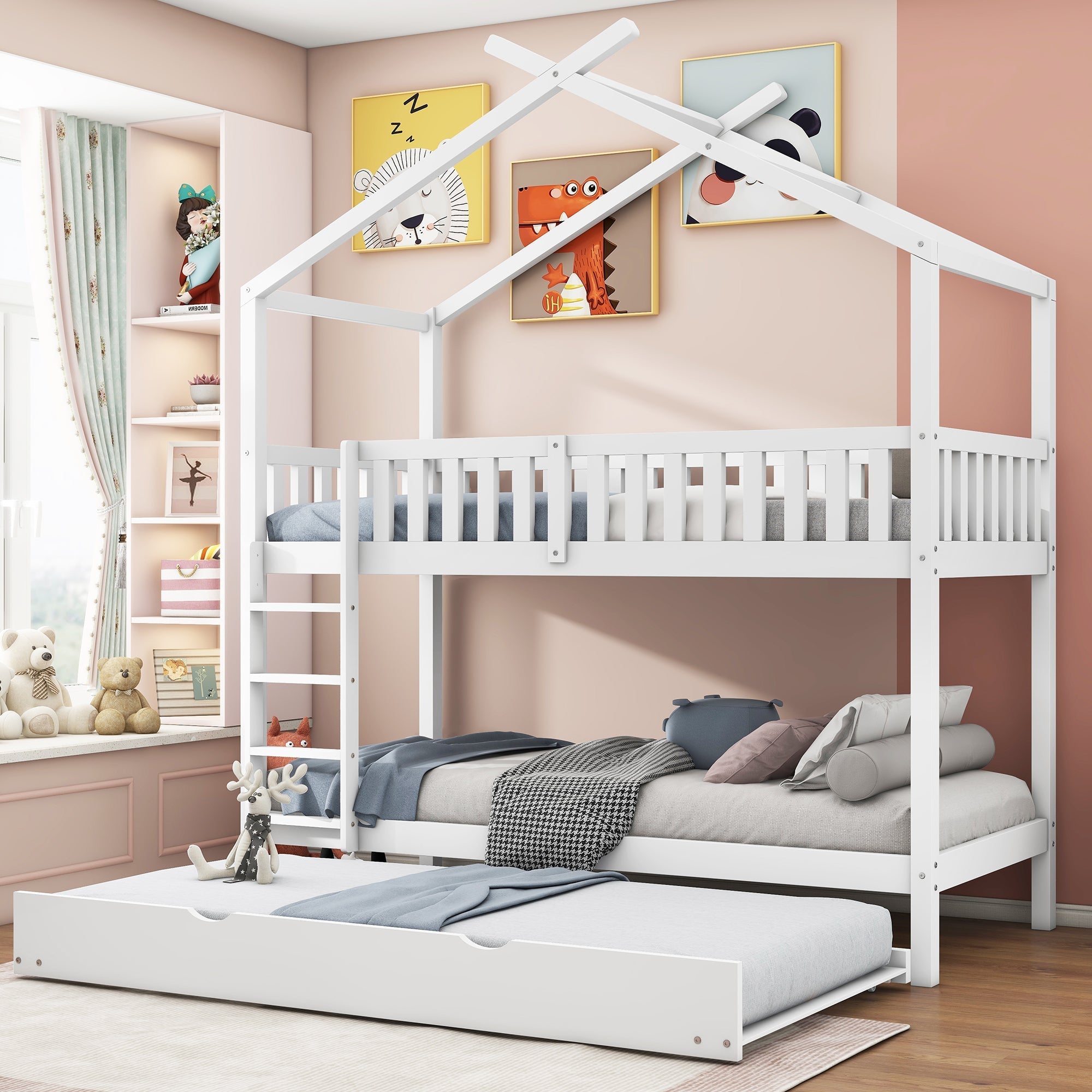 House Bed 90x200cm Triple Extendable Space-Saving - White