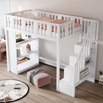 Loft Bed, 90x200cm with Storage Stairs, Functional Wooden Bed, White