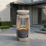 Garden Fountain with LED Lighting, Water Pump and Decorative Basin, Artificial Stone Beige