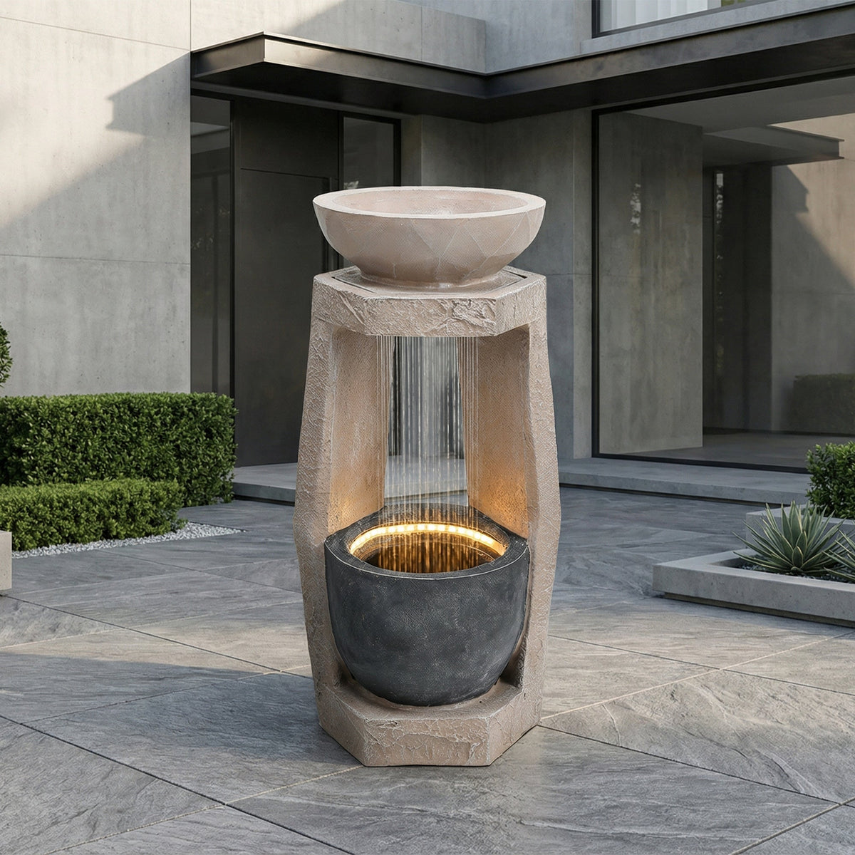 Garden Fountain with LED Lighting, Water Pump and Decorative Basin, Artificial Stone Beige