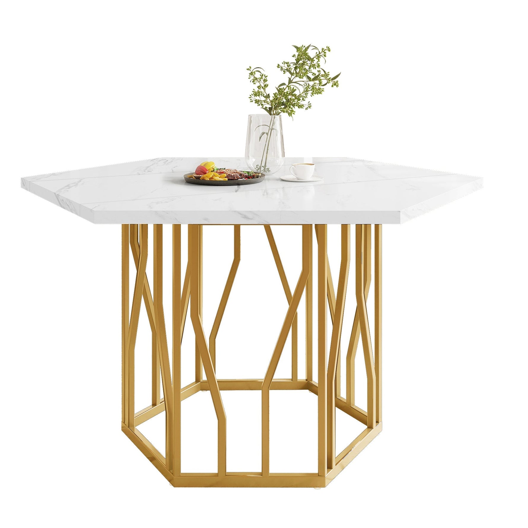 Hexagonal Marble Dining Table Modern Metal Branch Base Coffee Table Gold