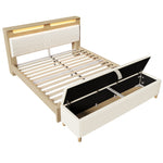 Wooden Bed 160x200cm with Bench, Storage Headboard & LED, Light Oak