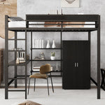 Iron Loft Bed with Desk, Storage and Wardrobe, Black Iron and MDF, 140x200cm