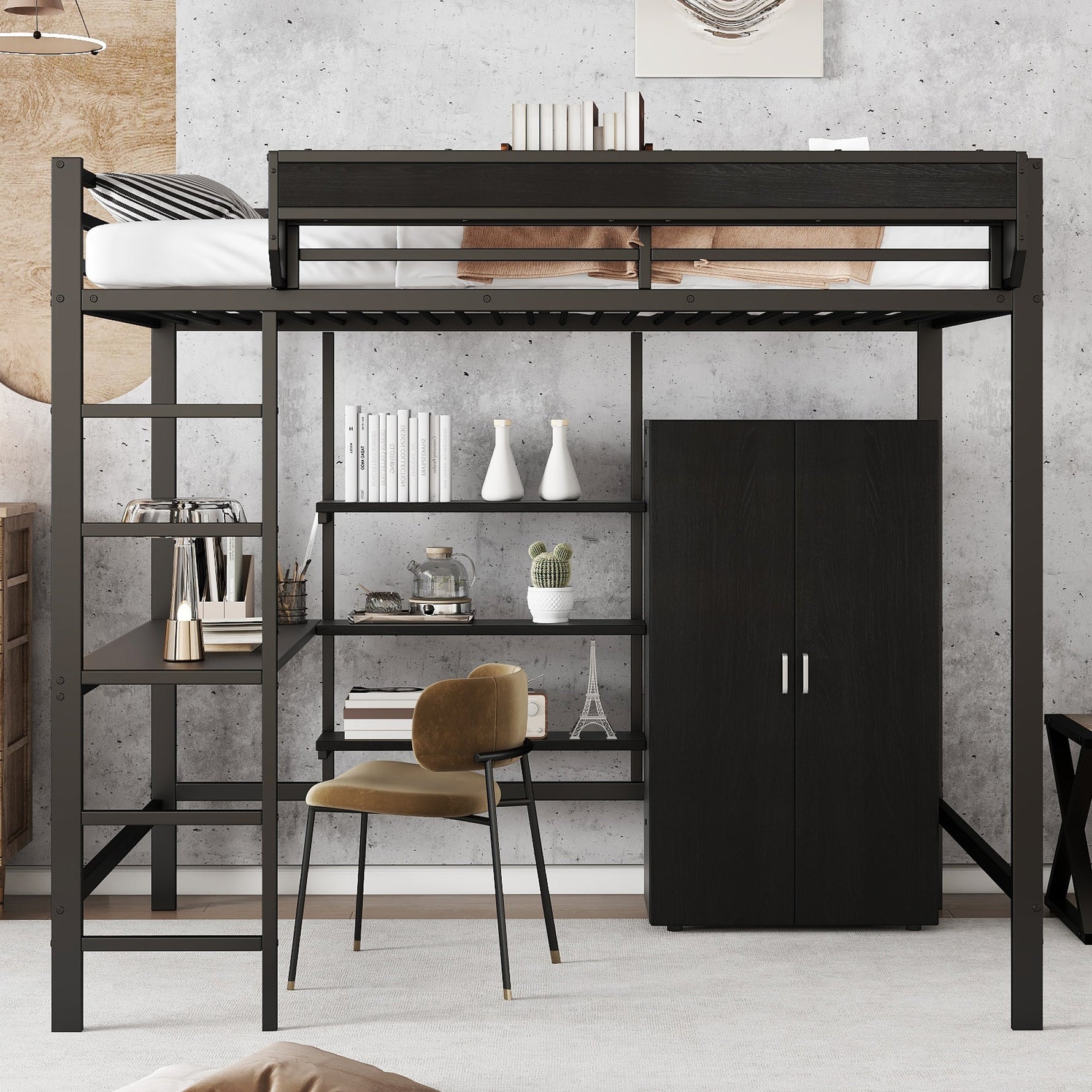 Iron Loft Bed with Desk, Storage and Wardrobe, Black Iron and MDF, 140x200cm