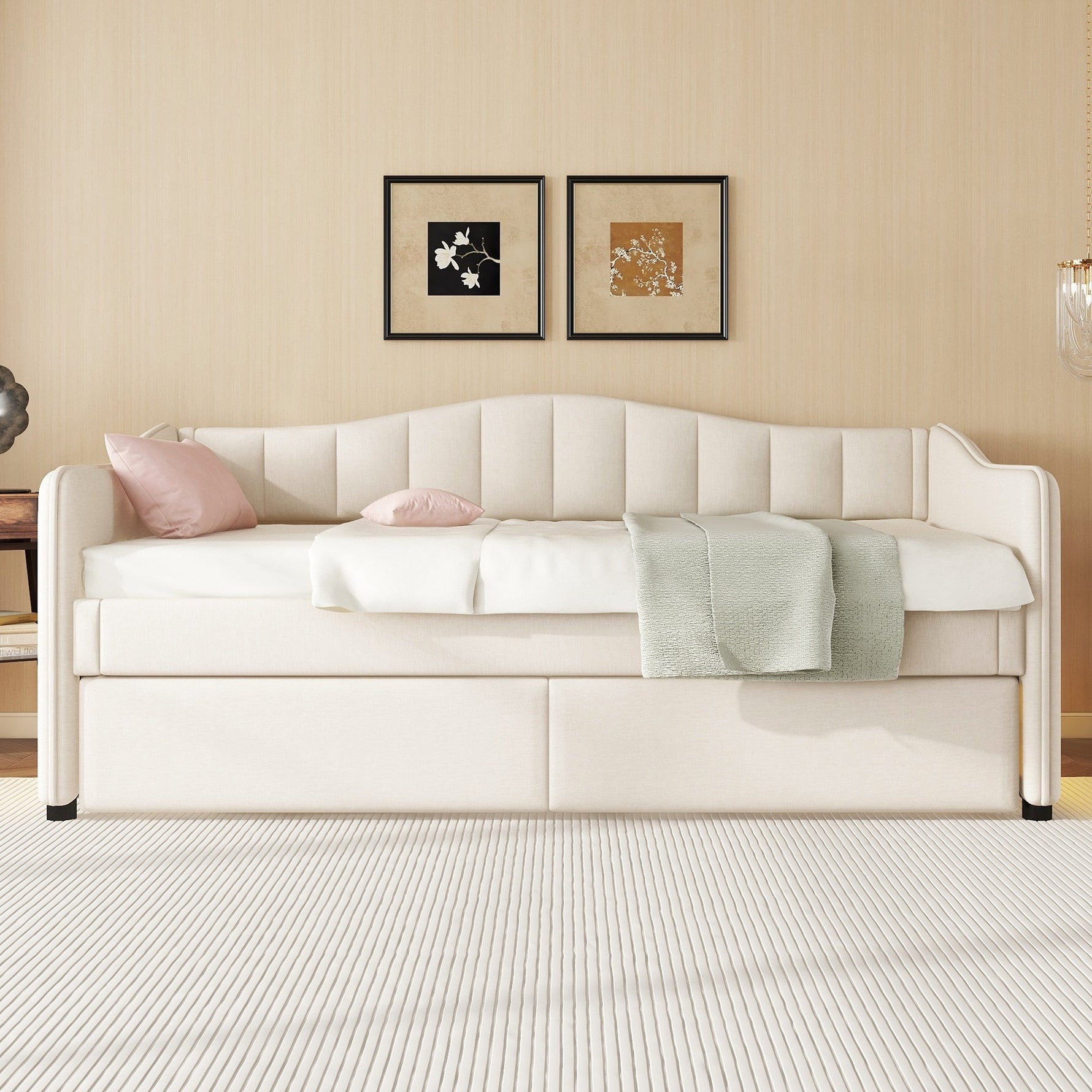 Daybed with Pull-Out Trundle Bed and LED Lighting, 90x200cm, Beige Linen