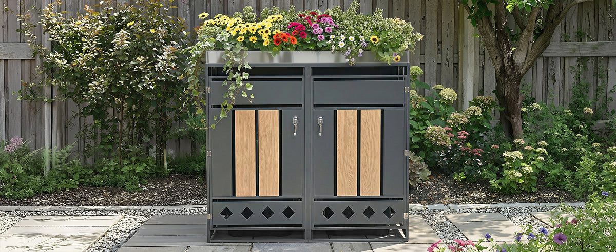 Bin Storage Unit with Planting Area, Lockable Two Doors and Hollow Base, Wood Grain Wood