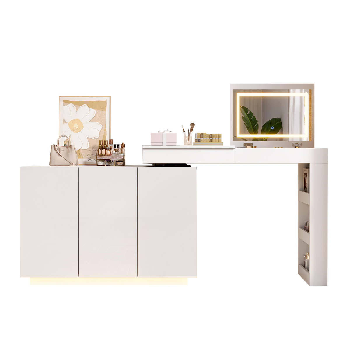 L-Shaped Rotating Vanity Table with LED Lighting, High-Gloss White