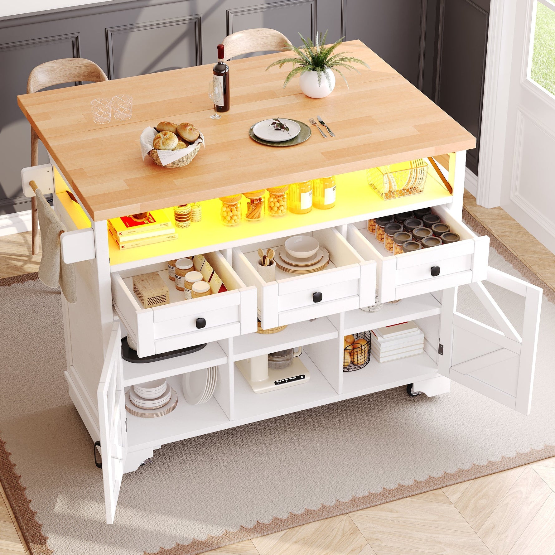 Multifunctional Kitchen Trolley App LED Folding Table 3 Drawers