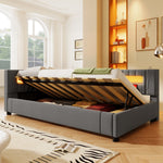 Daybed Sofa Bed with LED Lighting, Hydraulic Storage and USB Charging, Grey Linen