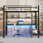 Loft Bed 140x200cm Desk LED USB/Power Outlet Shelf - Metal Black