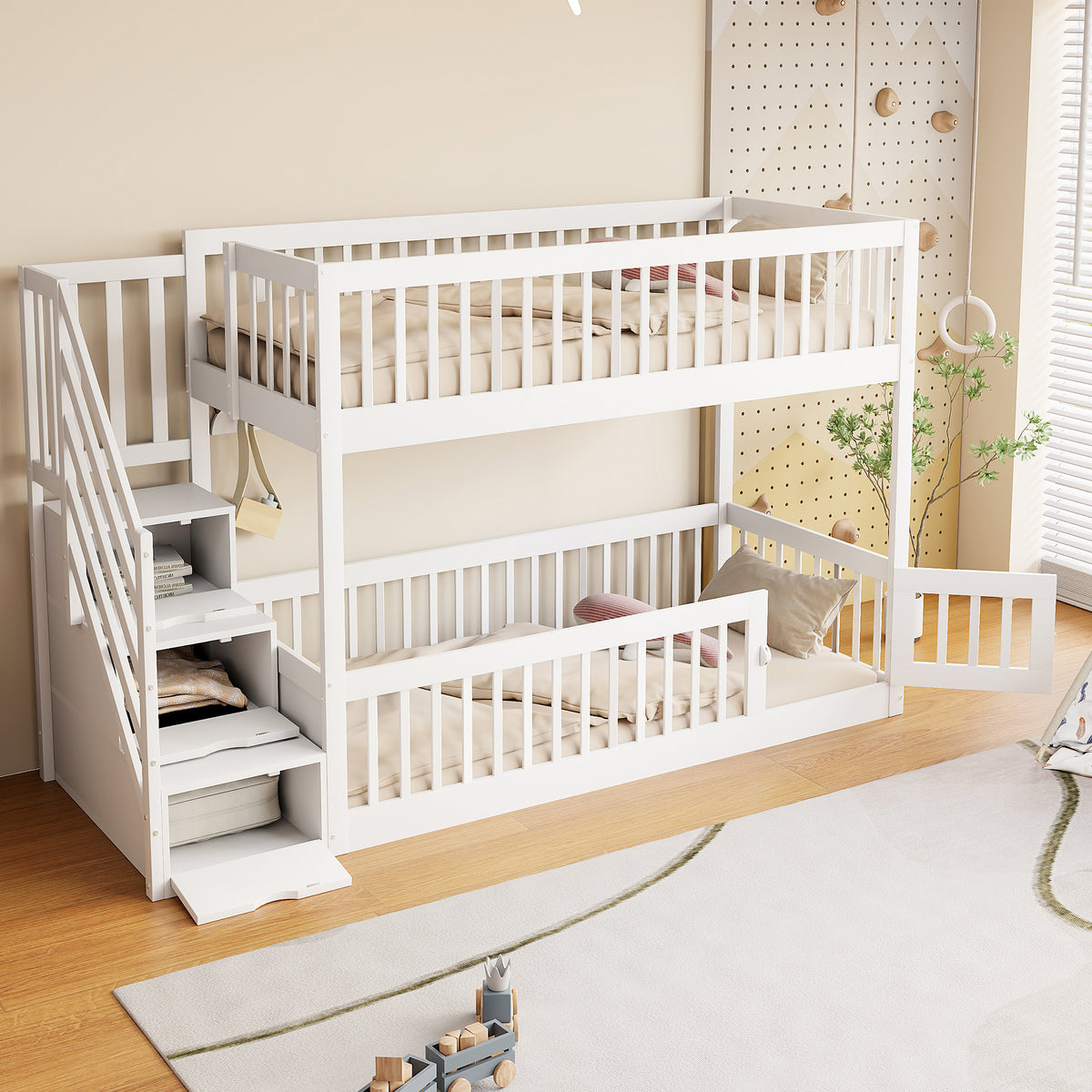 Bunk Bed 90x200 with Safety Stairs & Drawers, White Wood