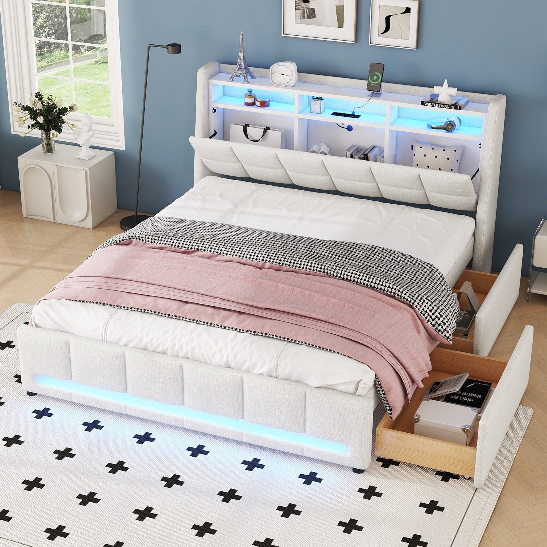 Upholstered Bed 140x200cm App Control LED Drawers USB/Sockets - Linen Beige