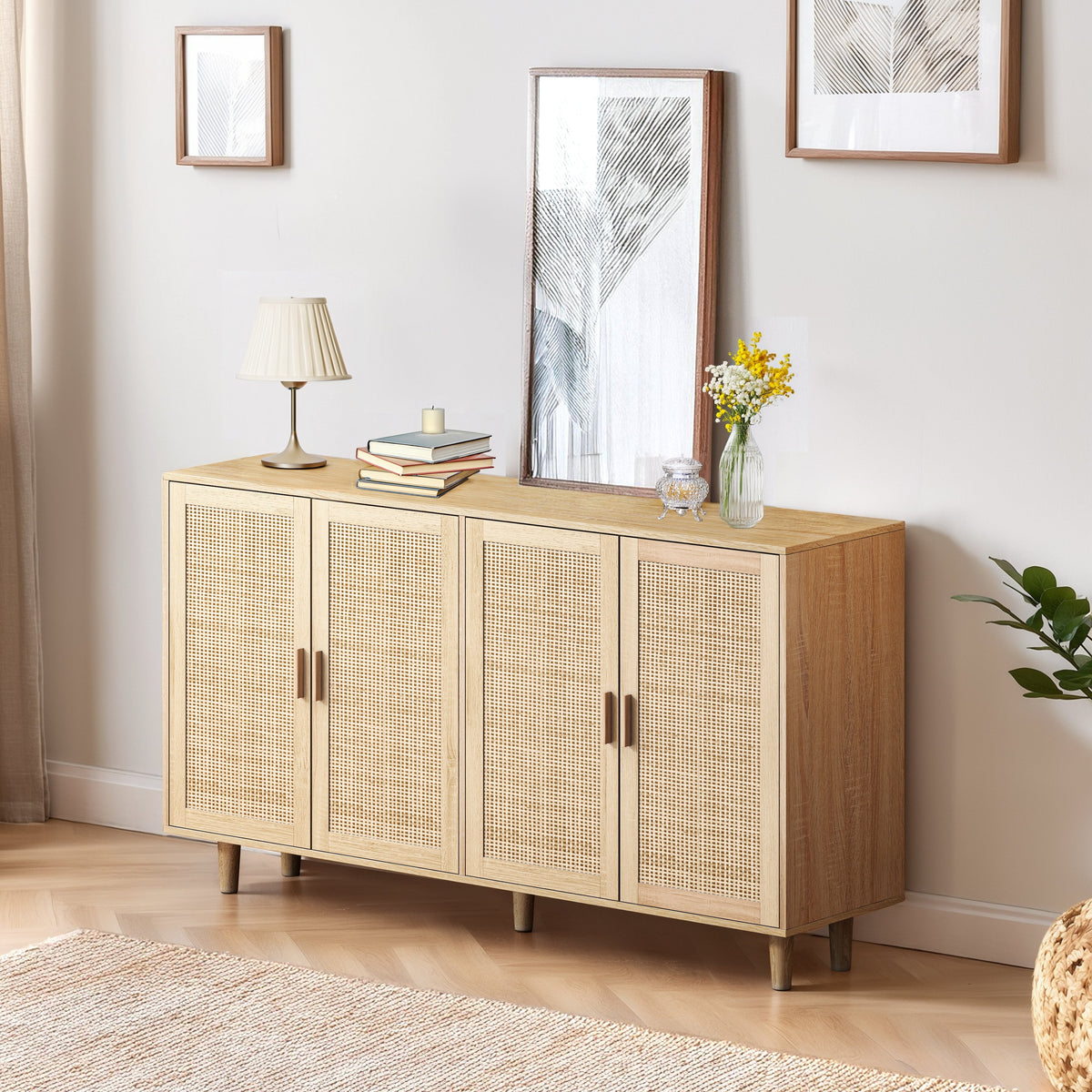 Rattan Decorative Storage Cabinet, 158CM 4-Door, Natural