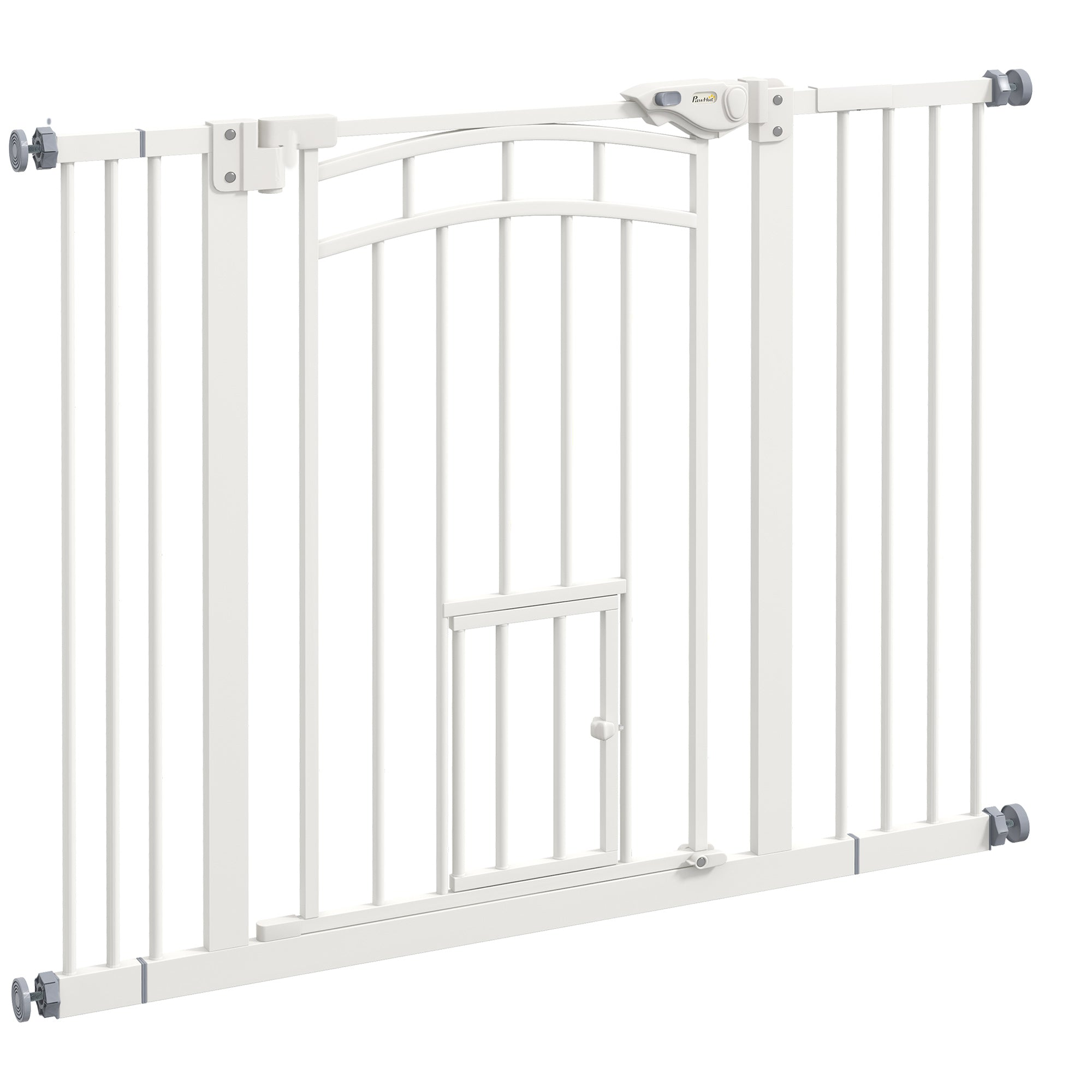 Stair Gate for Dogs, Automatic Closing, Cat Flap, Drill-Free, 74-100cm, White