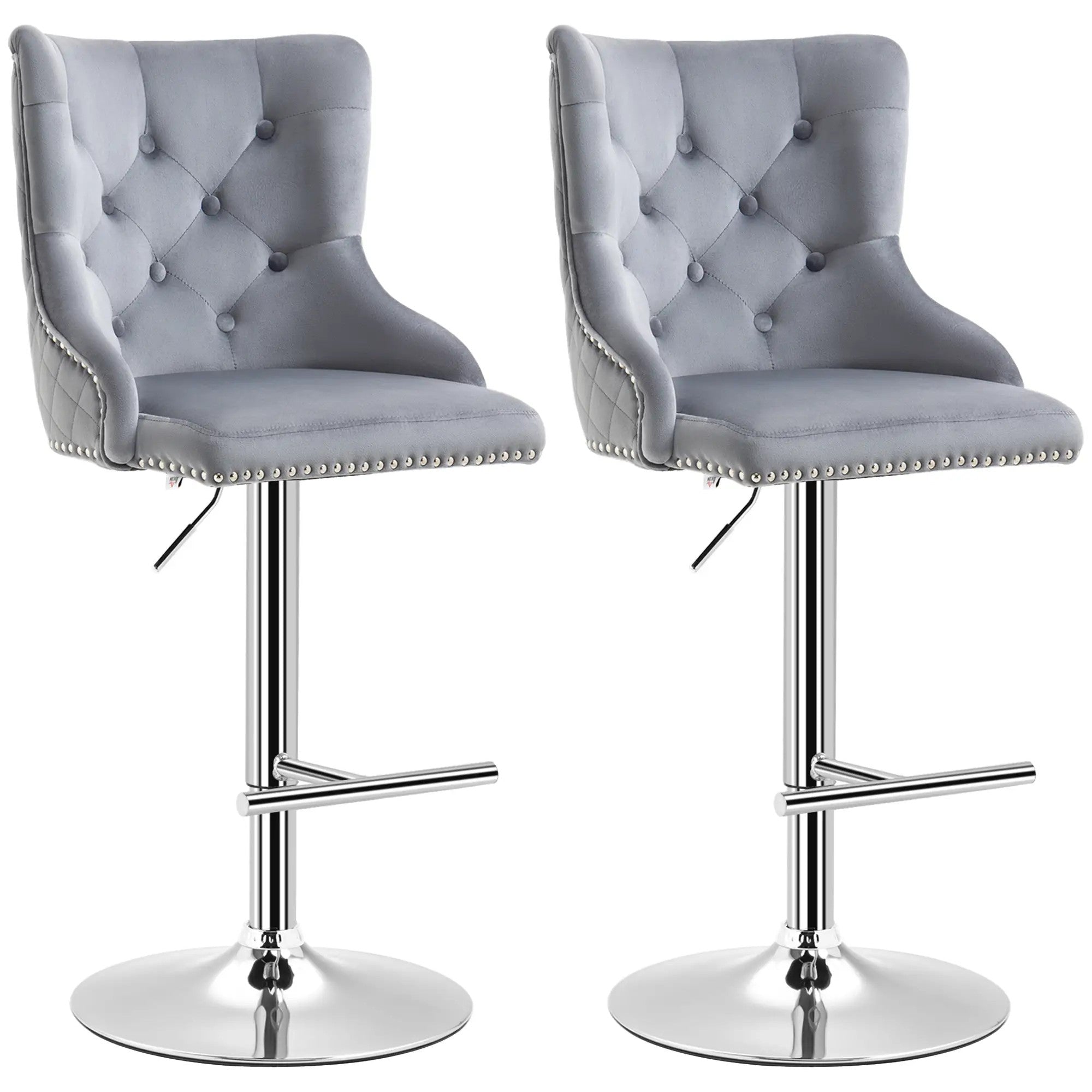 Bar Stools, Set of 2 Swivel Height-Adjustable with Footrest, Light Grey Velvet Look