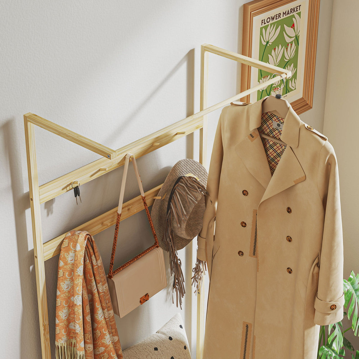 Coat Rack with Shoe Bench, Hooks, Shoe Rack, Seat Cushion, Bamboo, Natural