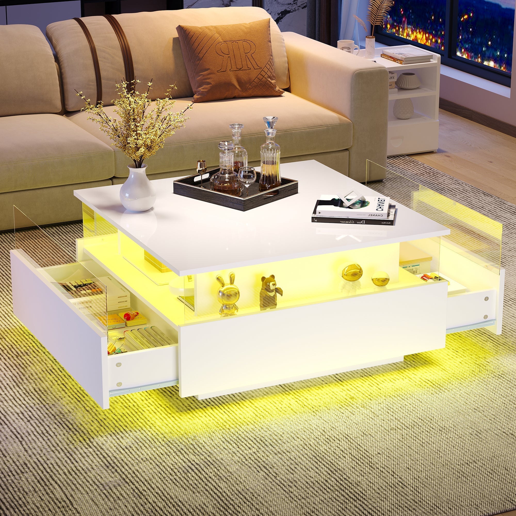 Coffee Table, Modern High-Gloss LED with 2 Drawers, Glass
