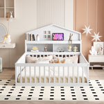 Children's Bed 140x200, Solid Wood House Frame with Shelves & Storage, White