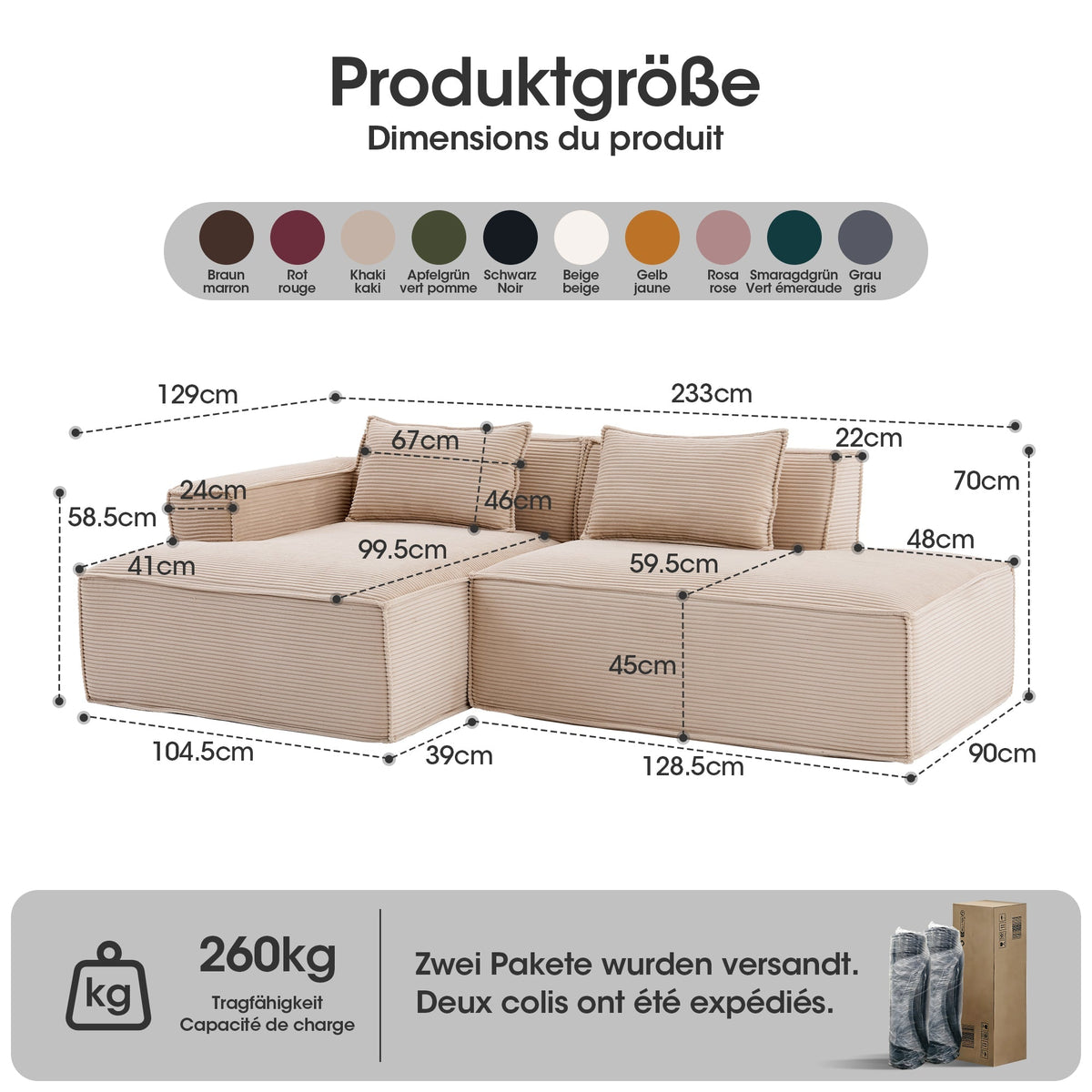 Economy Textile Sofa, 235 cm Wide with Two Cushions and Pencil Case, Modern and Comfortable, Textile