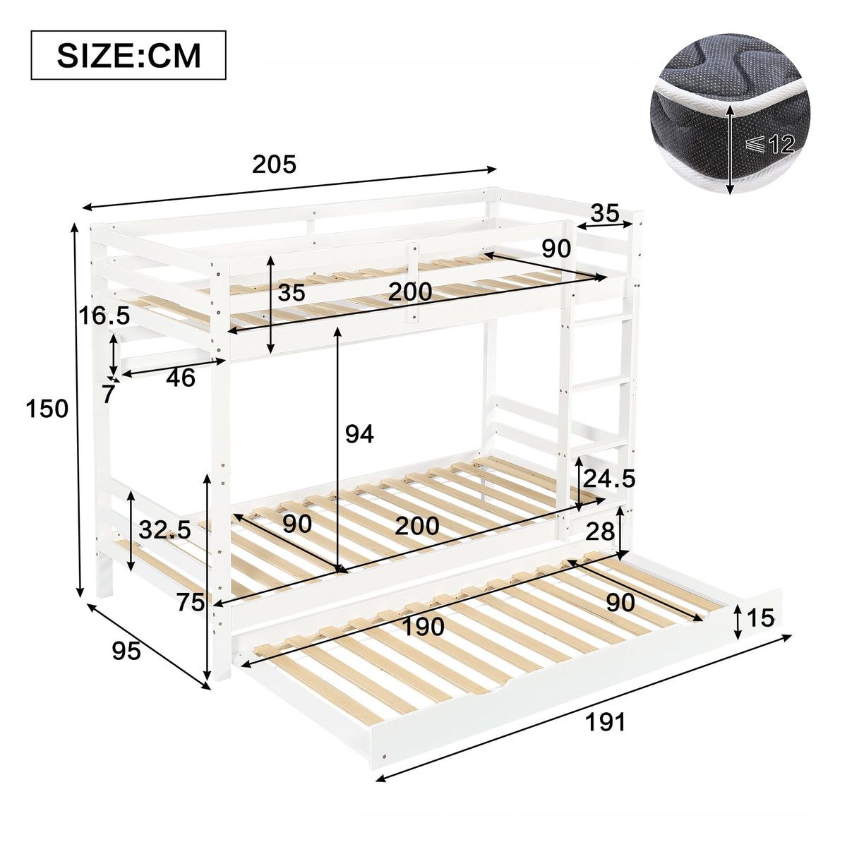 Bunk Bed Extendable with Shelves, Slats, Ladder, Pine/MDF/Plywood, White, 90x200cm