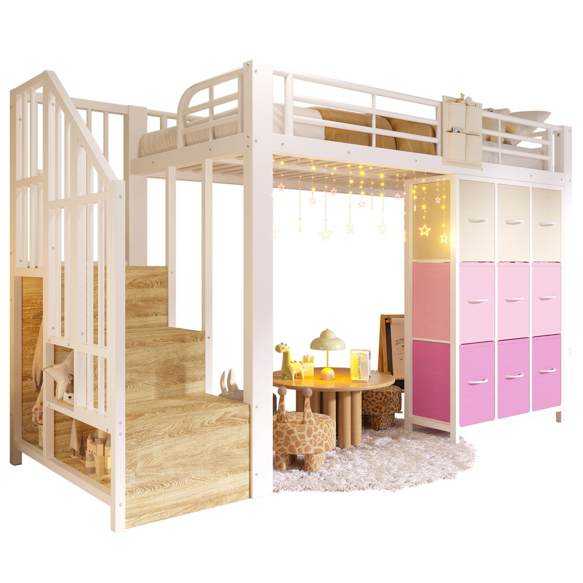 Loft Bed 90x200cm with Stairs Drawers & Clothes Rail, White Metal